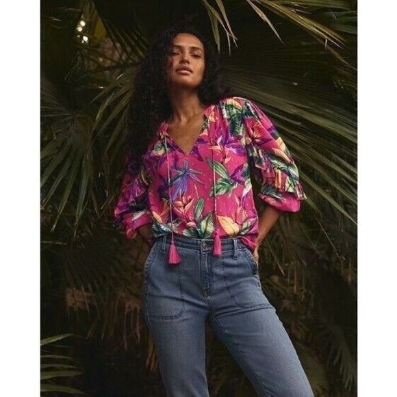 Chico’s Size XL Floral Clip Dot Ruffle Blouse Tripical - Picture 1 of 9